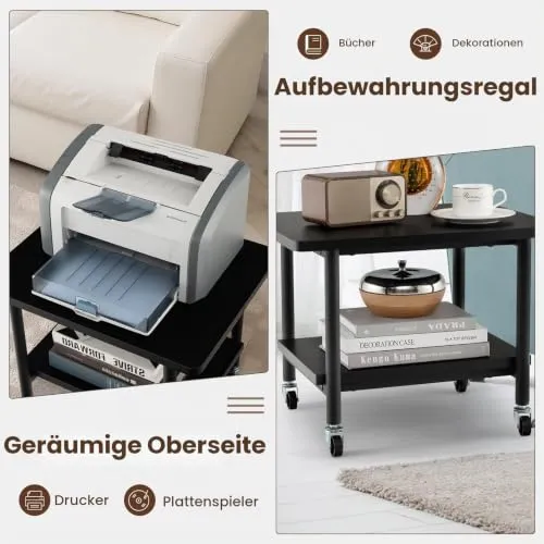 GIANTEX Druckertisch mit Rollen, Druckerständer Druckerwagen rollbar mit 2 Ebenen, Druckerschrank Rollcontainer Druckerhalter Holz, Beistelltisch Druckerregal Rollregal Rollwagen