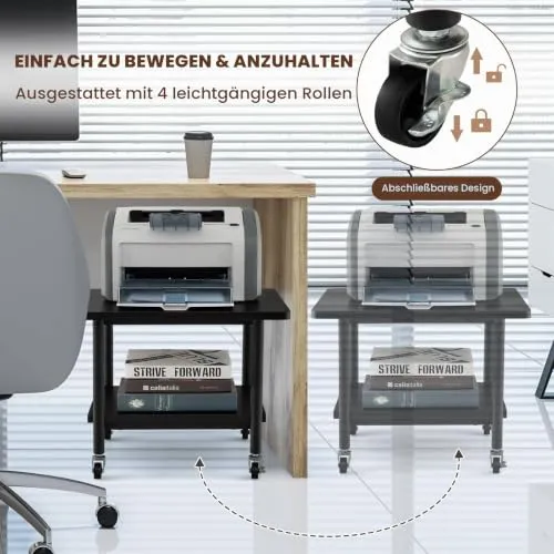 GIANTEX Druckertisch mit Rollen, Druckerständer Druckerwagen rollbar mit 2 Ebenen, Druckerschrank Rollcontainer Druckerhalter Holz, Beistelltisch Druckerregal Rollregal Rollwagen