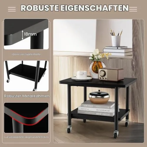 GIANTEX Druckertisch mit Rollen, Druckerständer Druckerwagen rollbar mit 2 Ebenen, Druckerschrank Rollcontainer Druckerhalter Holz, Beistelltisch Druckerregal Rollregal Rollwagen