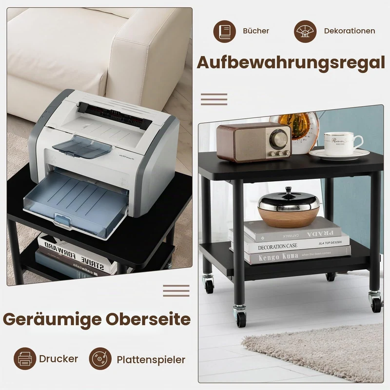 GIANTEX Druckertisch mit Rollen, Druckerständer Druckerwagen rollbar mit 2 Ebenen, Druckerschrank Rollcontainer Druckerhalter Holz, Beistelltisch Druckerregal Rollregal Rollwagen