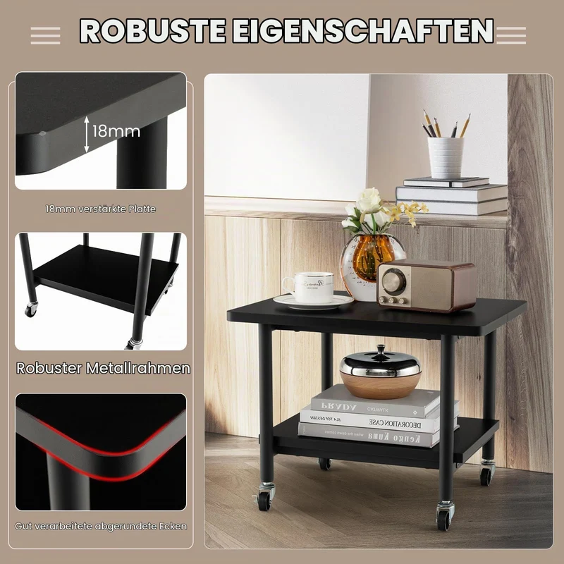 GIANTEX Druckertisch mit Rollen, Druckerständer Druckerwagen rollbar mit 2 Ebenen, Druckerschrank Rollcontainer Druckerhalter Holz, Beistelltisch Druckerregal Rollregal Rollwagen