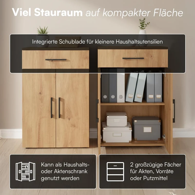 Bellamio Apol Büroschrank 60 cm breit, Eichenoptik, 1 Schublade, 2 Fächer
