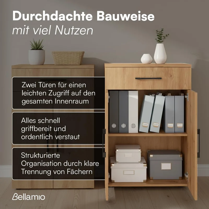Bellamio Apol Büroschrank 60 cm breit, Eichenoptik, 1 Schublade, 2 Fächer