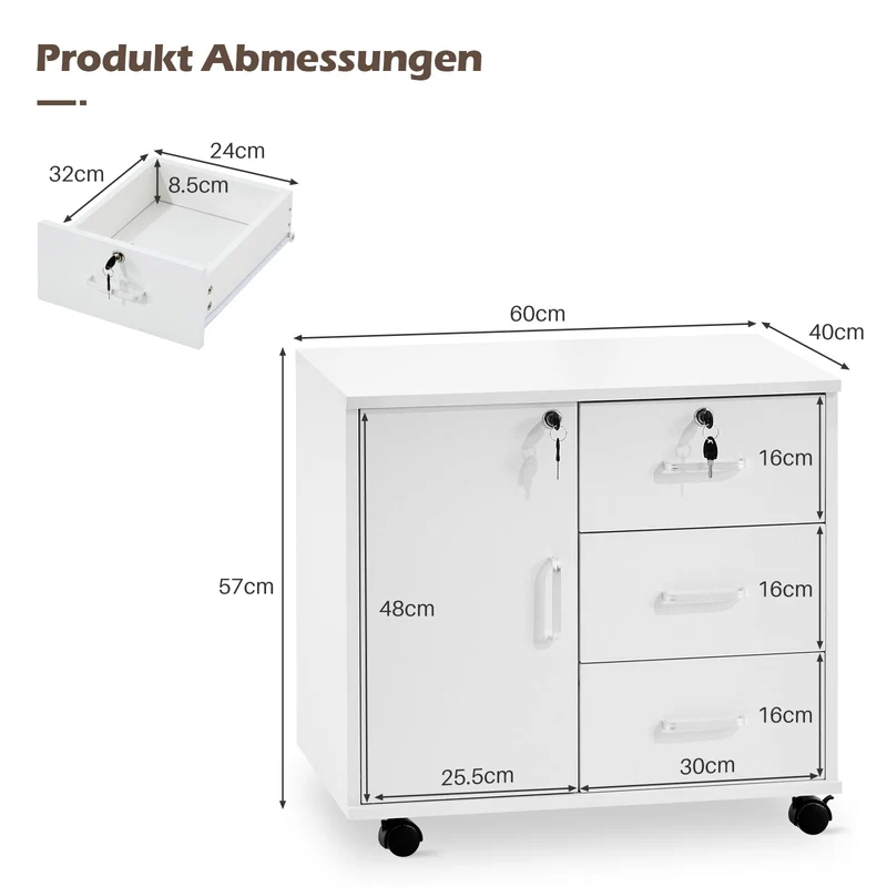 TUKAILAI Rollcontainer Abschließbar Weiß, 3 Schubladen, Türfach, 4 Rollen