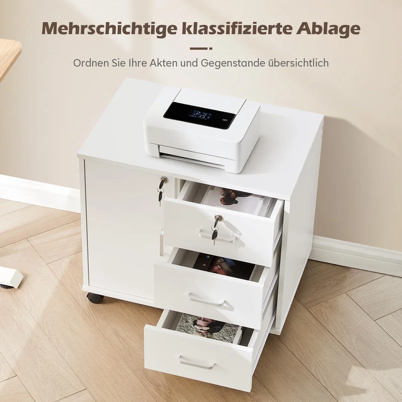 TUKAILAI Rollcontainer Abschließbar Weiß, 3 Schubladen, Türfach, 4 Rollen
