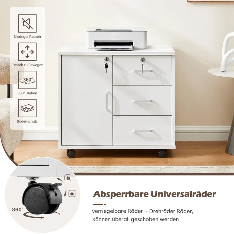 TUKAILAI Rollcontainer Abschließbar Weiß, 3 Schubladen, Türfach, 4 Rollen