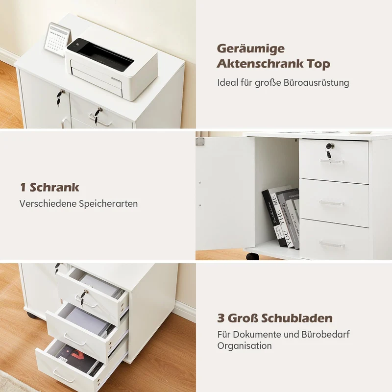 TUKAILAI Rollcontainer Abschließbar Weiß, 3 Schubladen, Türfach, 4 Rollen