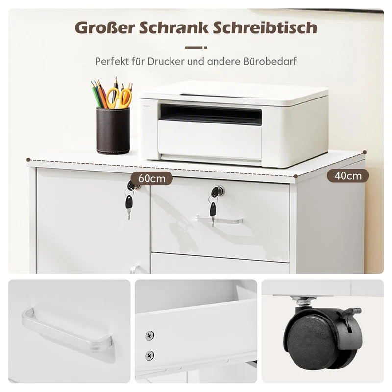 TUKAILAI Rollcontainer Abschließbar Weiß, 3 Schubladen, Türfach, 4 Rollen