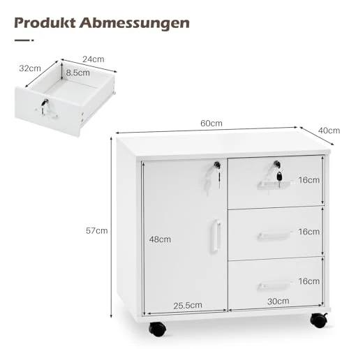TUKAILAI Rollcontainer Abschließbar Weiß, 3 Schubladen, Türfach, 4 Rollen