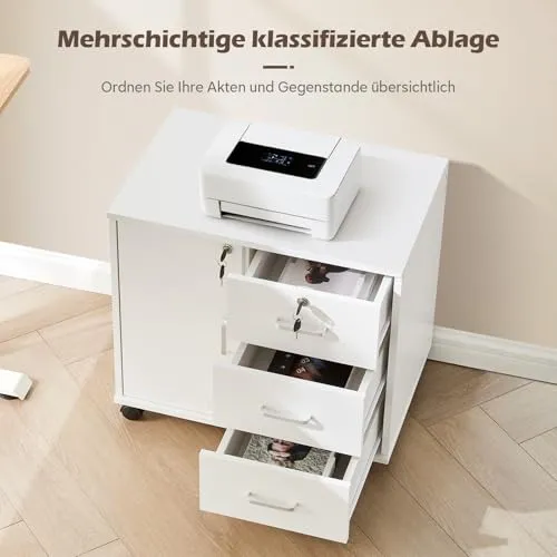 TUKAILAI Rollcontainer Abschließbar Weiß, 3 Schubladen, Türfach, 4 Rollen