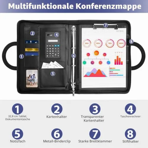 Schreibmappe A4, Multifunktionale Konferenzmappe A4 mit Ringbuch, Aktenmappe mit Reißverschluss, PU Dokumentenmappe Faltbaren Magnetgriffen, Portfolio Padfolio Mappe für Business Meeting (Schwarz)