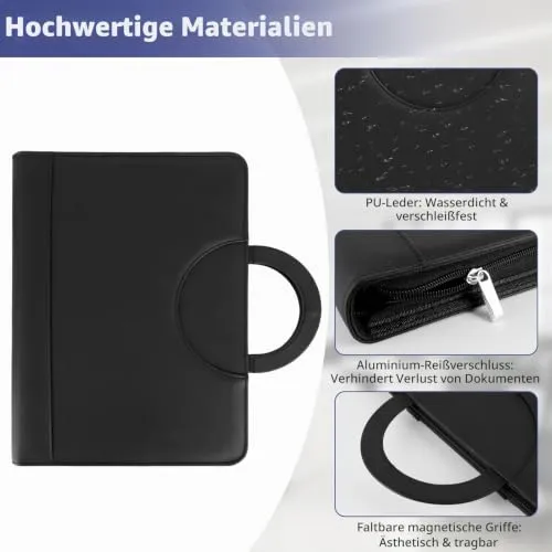 Schreibmappe A4, Multifunktionale Konferenzmappe A4 mit Ringbuch, Aktenmappe mit Reißverschluss, PU Dokumentenmappe Faltbaren Magnetgriffen, Portfolio Padfolio Mappe für Business Meeting (Schwarz)