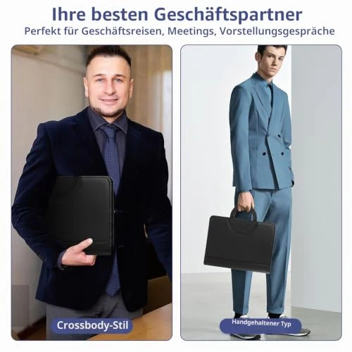 Schreibmappe A4, Multifunktionale Konferenzmappe A4 mit Ringbuch, Aktenmappe mit Reißverschluss, PU Dokumentenmappe Faltbaren Magnetgriffen, Portfolio Padfolio Mappe für Business Meeting (Schwarz)