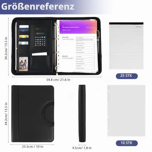 Schreibmappe A4, Multifunktionale Konferenzmappe A4 mit Ringbuch, Aktenmappe mit Reißverschluss, PU Dokumentenmappe Faltbaren Magnetgriffen, Portfolio Padfolio Mappe für Business Meeting (Schwarz)