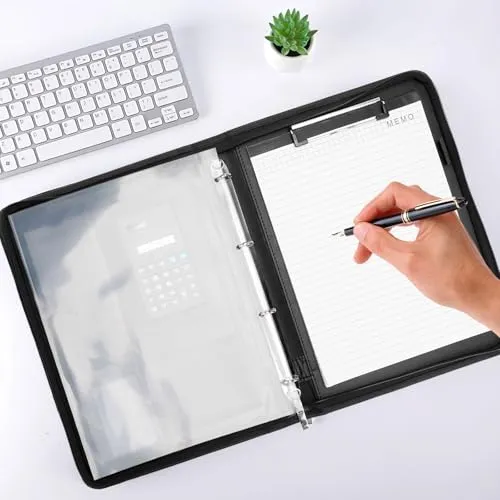 Schreibmappe A4, Multifunktionale Konferenzmappe A4 mit Ringbuch, Aktenmappe mit Reißverschluss, PU Dokumentenmappe Faltbaren Magnetgriffen, Portfolio Padfolio Mappe für Business Meeting (Schwarz)