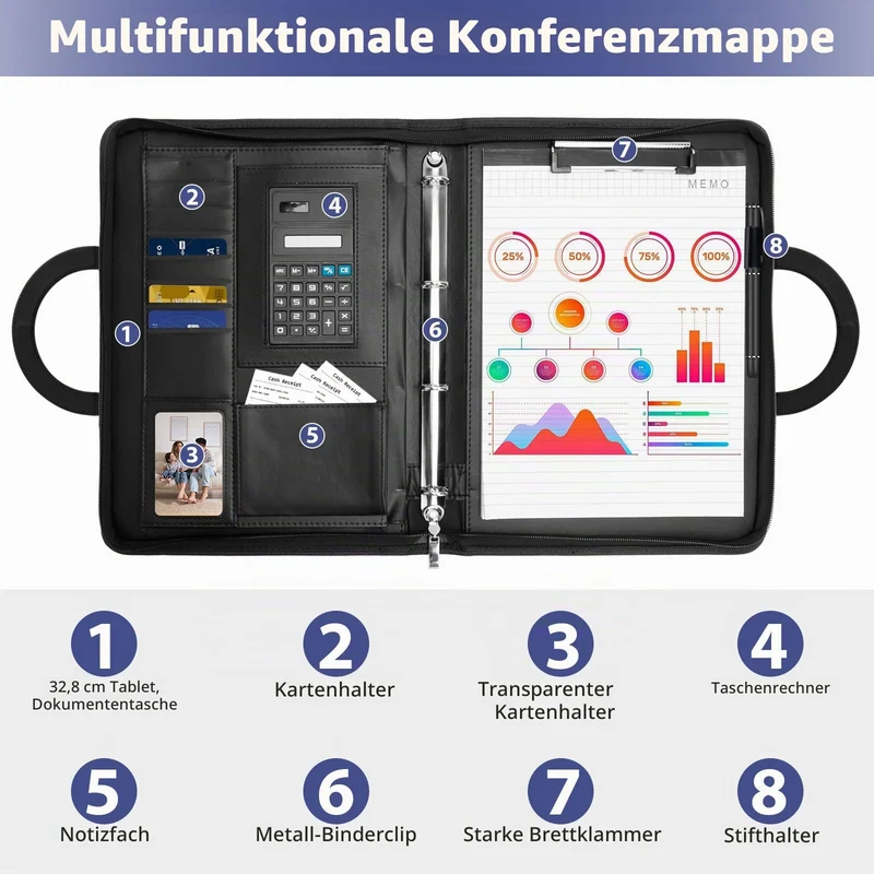 Schreibmappe A4, Multifunktionale Konferenzmappe A4 mit Ringbuch, Aktenmappe mit Reißverschluss, PU Dokumentenmappe Faltbaren Magnetgriffen, Portfolio Padfolio Mappe für Business Meeting (Schwarz)