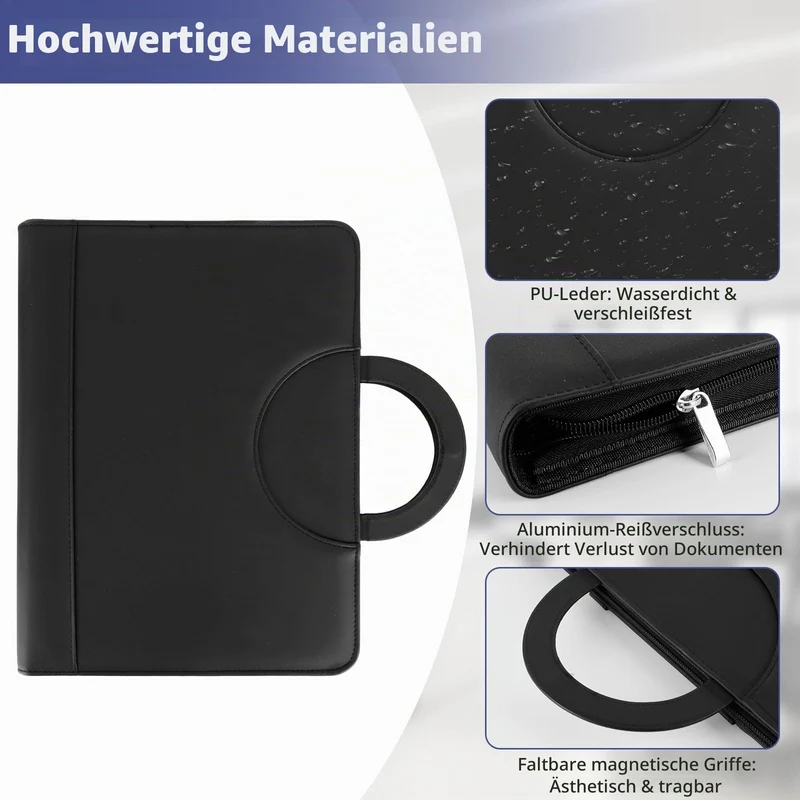 Schreibmappe A4, Multifunktionale Konferenzmappe A4 mit Ringbuch, Aktenmappe mit Reißverschluss, PU Dokumentenmappe Faltbaren Magnetgriffen, Portfolio Padfolio Mappe für Business Meeting (Schwarz)