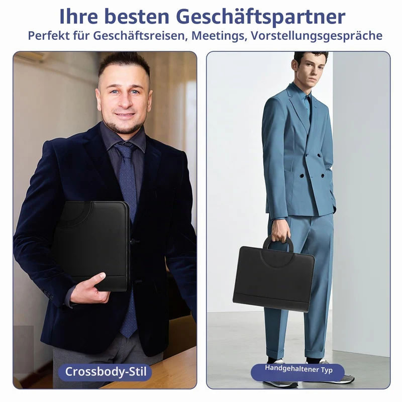 Schreibmappe A4, Multifunktionale Konferenzmappe A4 mit Ringbuch, Aktenmappe mit Reißverschluss, PU Dokumentenmappe Faltbaren Magnetgriffen, Portfolio Padfolio Mappe für Business Meeting (Schwarz)
