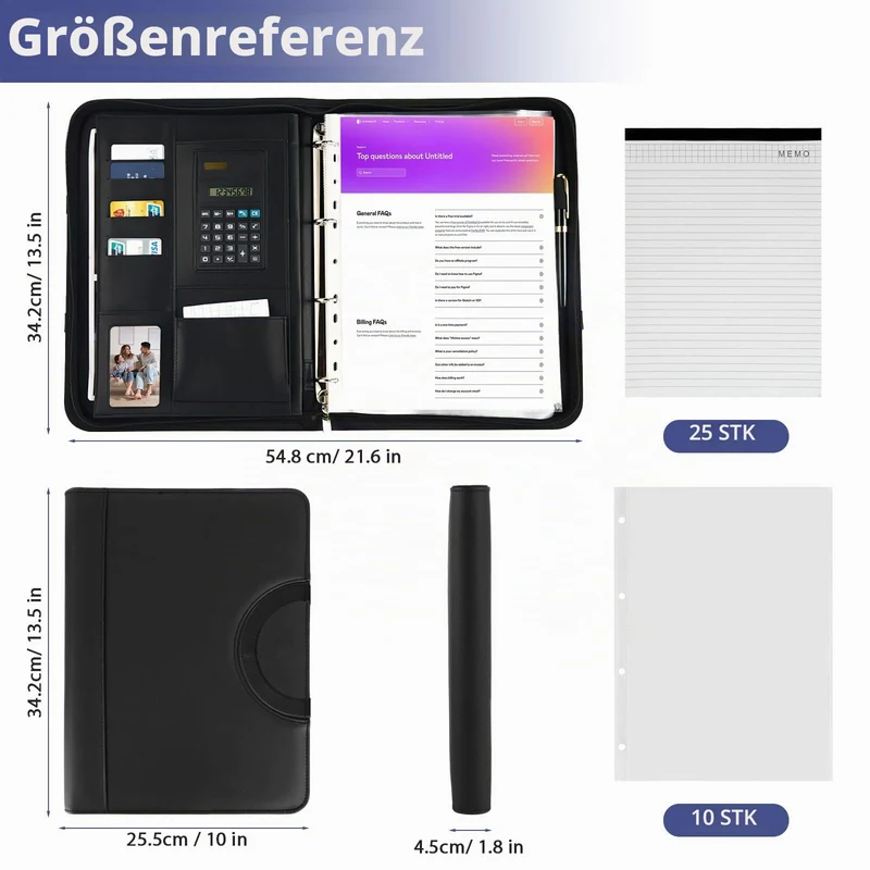 Schreibmappe A4, Multifunktionale Konferenzmappe A4 mit Ringbuch, Aktenmappe mit Reißverschluss, PU Dokumentenmappe Faltbaren Magnetgriffen, Portfolio Padfolio Mappe für Business Meeting (Schwarz)
