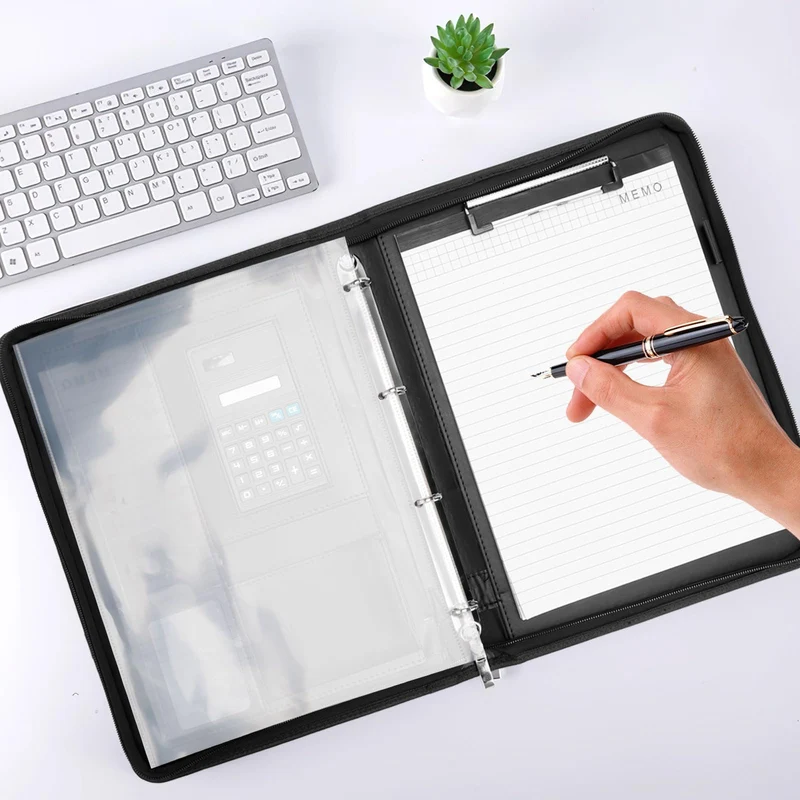 Schreibmappe A4, Multifunktionale Konferenzmappe A4 mit Ringbuch, Aktenmappe mit Reißverschluss, PU Dokumentenmappe Faltbaren Magnetgriffen, Portfolio Padfolio Mappe für Business Meeting (Schwarz)