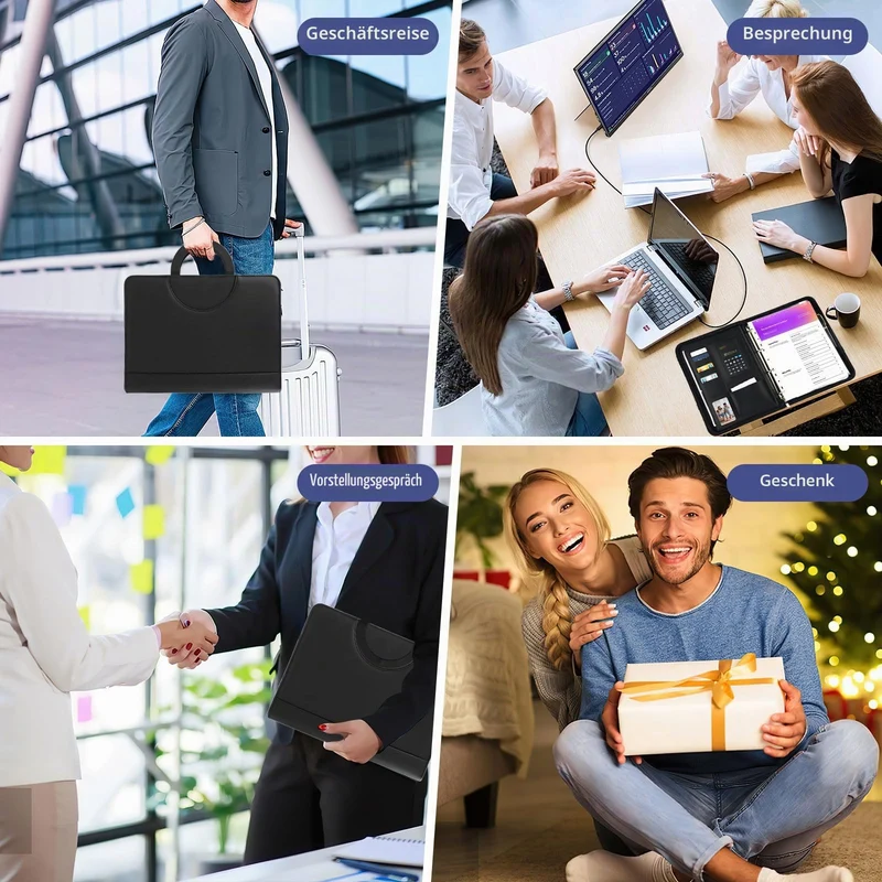 Schreibmappe A4, Multifunktionale Konferenzmappe A4 mit Ringbuch, Aktenmappe mit Reißverschluss, PU Dokumentenmappe Faltbaren Magnetgriffen, Portfolio Padfolio Mappe für Business Meeting (Schwarz)