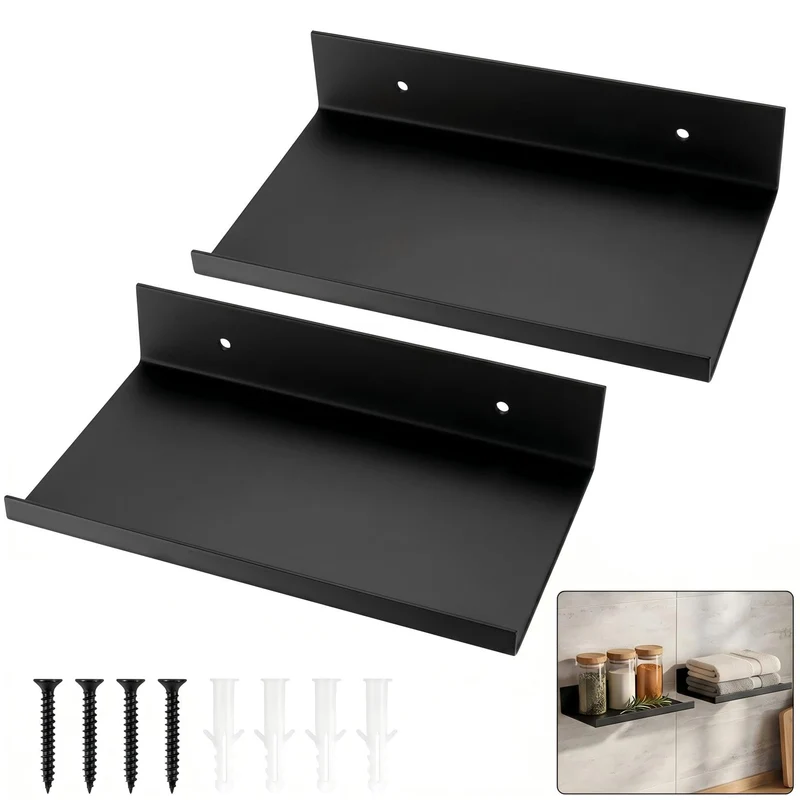 2er Set Schweberegal Metall Schwarz, 20x12x4 cm