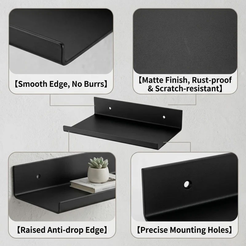 2er Set Schweberegal Metall Schwarz, 20x12x4 cm
