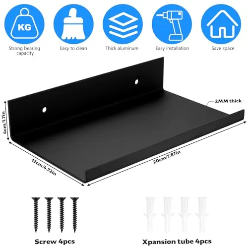 2er Set Schweberegal Metall Schwarz, 20x12x4 cm