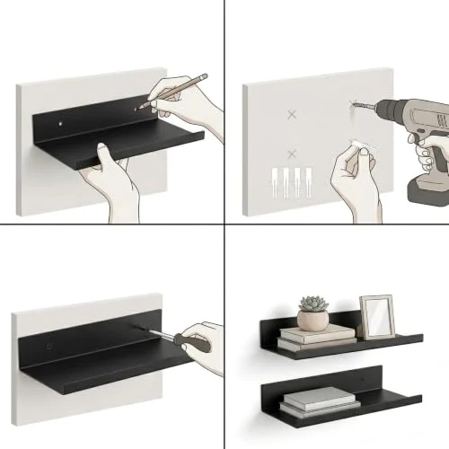 2er Set Schweberegal Metall Schwarz, 20x12x4 cm