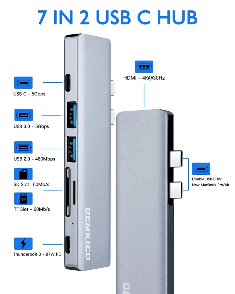 USB C Hub 7-in-2 für MacBook Pro/MacBook Air mit 4K HDMI SD/TF Kartenleser