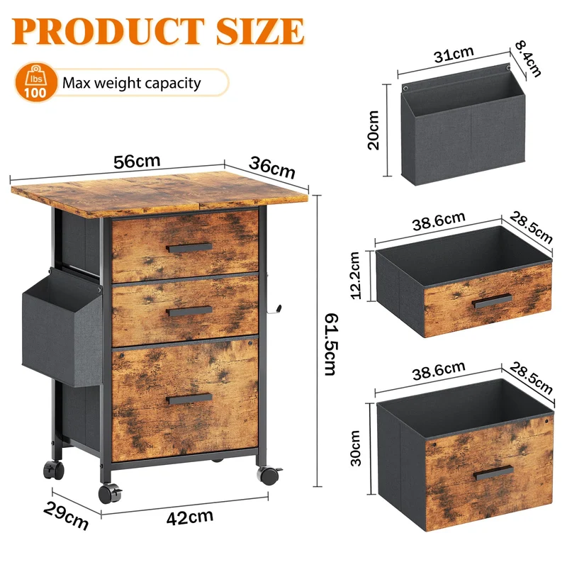 Rollcontainer, Aktenschrank, mit 3 Schubladen und Rollen, für Dokumente in DIN A4, Letter-Format, Druckerständer mit Einer Tischbreite von 56 cm, Industrie-Design, Vintagebraun