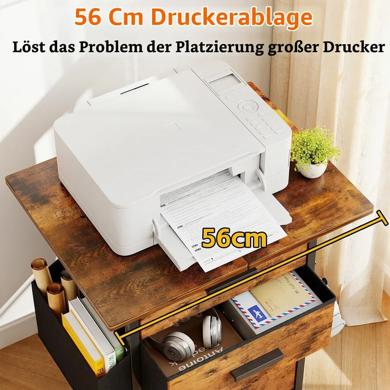 Rollcontainer, Aktenschrank, mit 3 Schubladen und Rollen, für Dokumente in DIN A4, Letter-Format, Druckerständer mit Einer Tischbreite von 56 cm, Industrie-Design, Vintagebraun