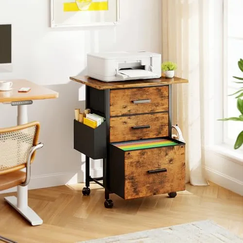 Rollcontainer, Aktenschrank, mit 3 Schubladen und Rollen, für Dokumente in DIN A4, Letter-Format, Druckerständer mit Einer Tischbreite von 56 cm, Industrie-Design, Vintagebraun