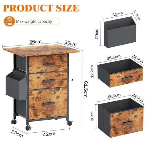 Rollcontainer, Aktenschrank, mit 3 Schubladen und Rollen, für Dokumente in DIN A4, Letter-Format, Druckerständer mit Einer Tischbreite von 56 cm, Industrie-Design, Vintagebraun