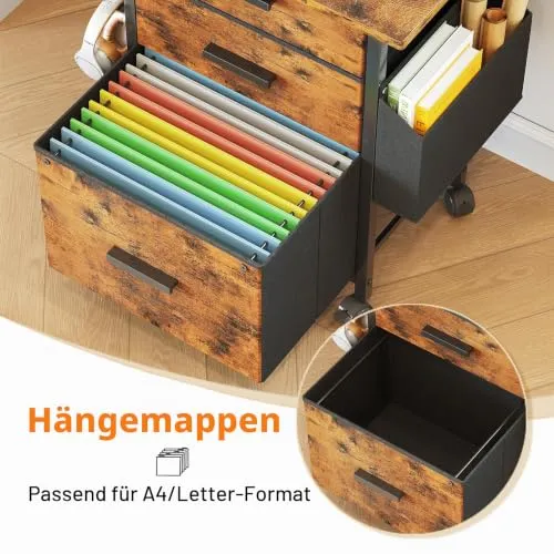 Rollcontainer, Aktenschrank, mit 3 Schubladen und Rollen, für Dokumente in DIN A4, Letter-Format, Druckerständer mit Einer Tischbreite von 56 cm, Industrie-Design, Vintagebraun