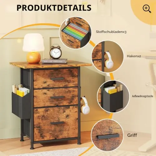 Rollcontainer, Aktenschrank, mit 3 Schubladen und Rollen, für Dokumente in DIN A4, Letter-Format, Druckerständer mit Einer Tischbreite von 56 cm, Industrie-Design, Vintagebraun