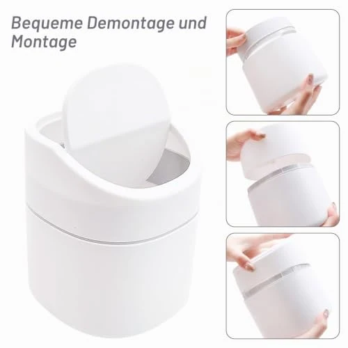 Tischmülleimer mit Deckel, Klein und Praktisch, Kunststoff Papierkorb für Wohnzimmer, Büro, Badezimmer und Schreibtisch, 2L Fassungsvermögen für Kosmetik, Taschentücher und Abfälle (Weiß)