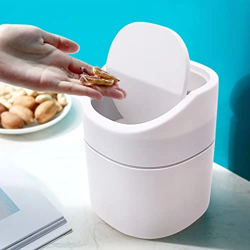 Tischmülleimer mit Deckel, Klein und Praktisch, Kunststoff Papierkorb für Wohnzimmer, Büro, Badezimmer und Schreibtisch, 2L Fassungsvermögen für Kosmetik, Taschentücher und Abfälle (Weiß)