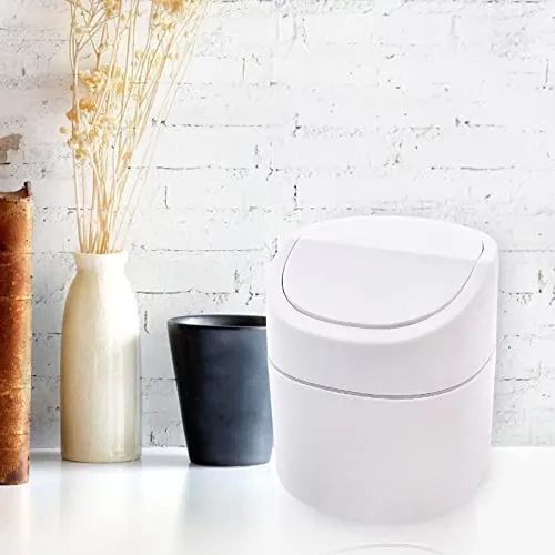 Tischmülleimer mit Deckel, Klein und Praktisch, Kunststoff Papierkorb für Wohnzimmer, Büro, Badezimmer und Schreibtisch, 2L Fassungsvermögen für Kosmetik, Taschentücher und Abfälle (Weiß)