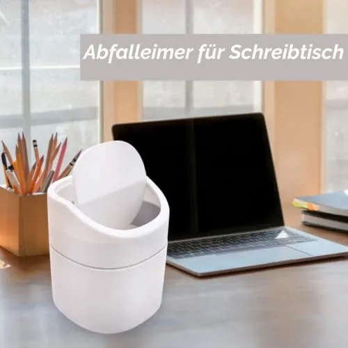 Tischmülleimer mit Deckel, Klein und Praktisch, Kunststoff Papierkorb für Wohnzimmer, Büro, Badezimmer und Schreibtisch, 2L Fassungsvermögen für Kosmetik, Taschentücher und Abfälle (Weiß)