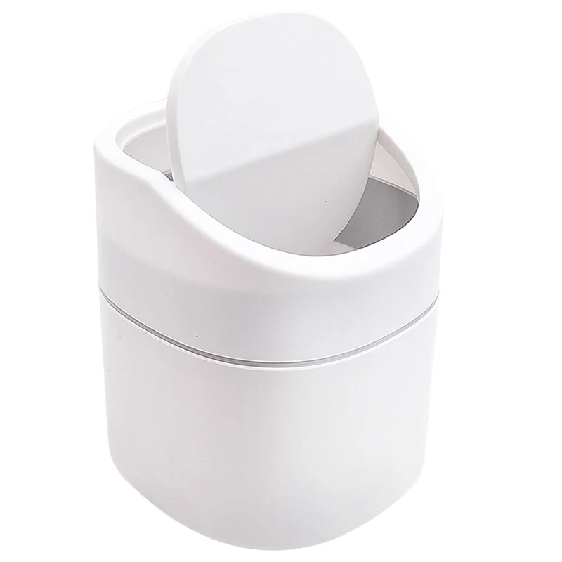 Tischmülleimer mit Deckel, Klein und Praktisch, Kunststoff Papierkorb für Wohnzimmer, Büro, Badezimmer und Schreibtisch, 2L Fassungsvermögen für Kosmetik, Taschentücher und Abfälle (Weiß)