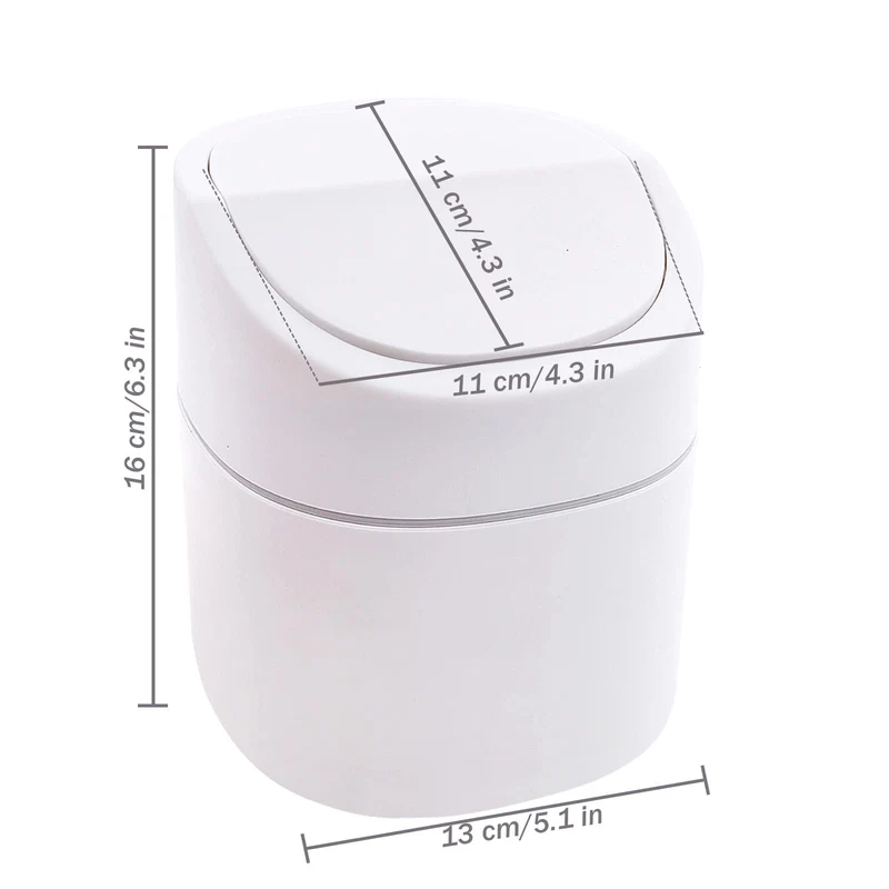 Tischmülleimer mit Deckel, Klein und Praktisch, Kunststoff Papierkorb für Wohnzimmer, Büro, Badezimmer und Schreibtisch, 2L Fassungsvermögen für Kosmetik, Taschentücher und Abfälle (Weiß)