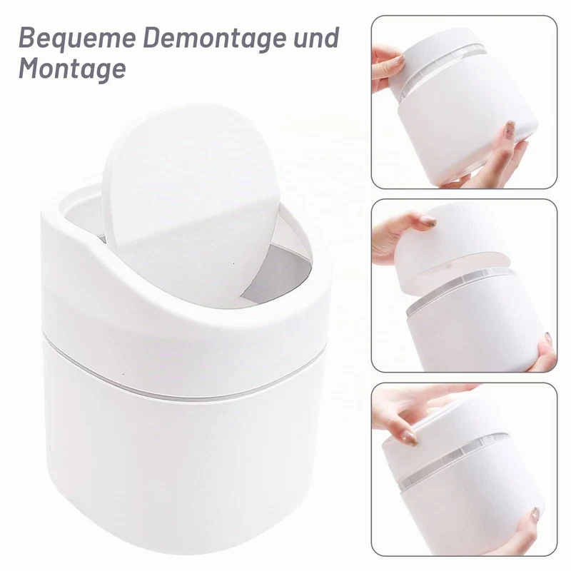 Tischmülleimer mit Deckel, Klein und Praktisch, Kunststoff Papierkorb für Wohnzimmer, Büro, Badezimmer und Schreibtisch, 2L Fassungsvermögen für Kosmetik, Taschentücher und Abfälle (Weiß)