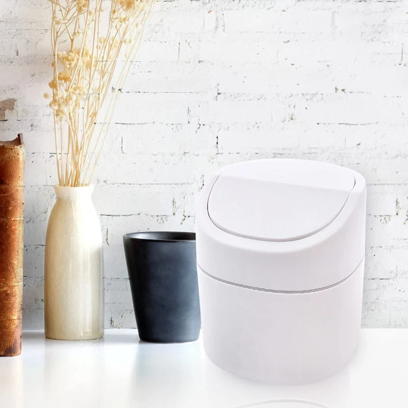 Tischmülleimer mit Deckel, Klein und Praktisch, Kunststoff Papierkorb für Wohnzimmer, Büro, Badezimmer und Schreibtisch, 2L Fassungsvermögen für Kosmetik, Taschentücher und Abfälle (Weiß)
