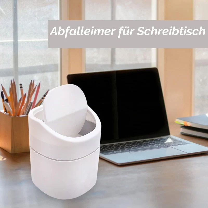 Tischmülleimer mit Deckel, Klein und Praktisch, Kunststoff Papierkorb für Wohnzimmer, Büro, Badezimmer und Schreibtisch, 2L Fassungsvermögen für Kosmetik, Taschentücher und Abfälle (Weiß)