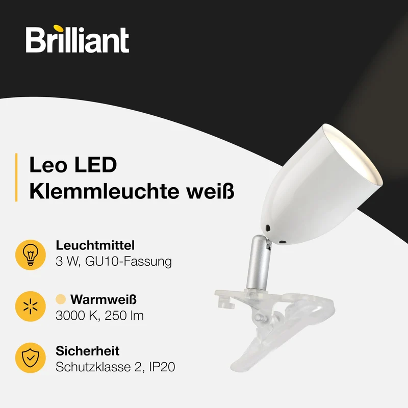 Brilliant Lampe Leo LED Klemmleuchte weiß | 1x LED-PAR51, GU10, 3W LED-Reflektorlampe inklusive, (300lm, 2700K) | Mit Schnurzwischenschalter [Energieklasse F]