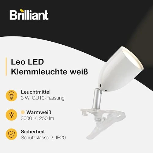 Brilliant Lampe Leo LED Klemmleuchte weiß | 1x LED-PAR51, GU10, 3W LED-Reflektorlampe inklusive, (300lm, 2700K) | Mit Schnurzwischenschalter [Energieklasse F]