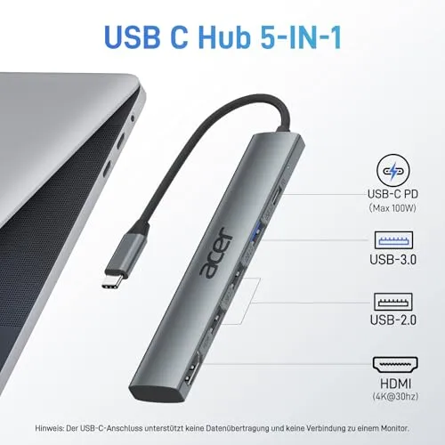 acer USB C Hub 5 in 1, Tragbarer 4K HDMI Adapter PD 100W