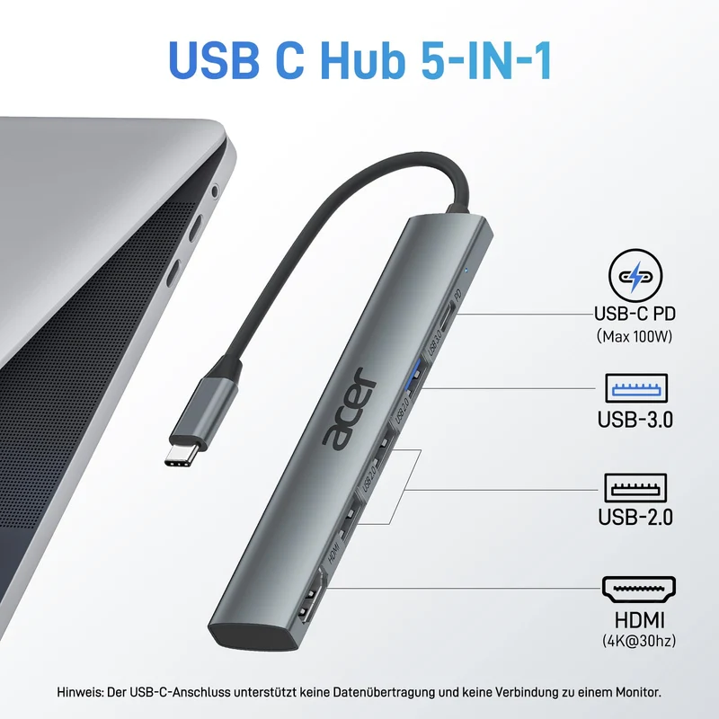 acer USB C Hub 5 in 1, Tragbarer 4K HDMI Adapter PD 100W