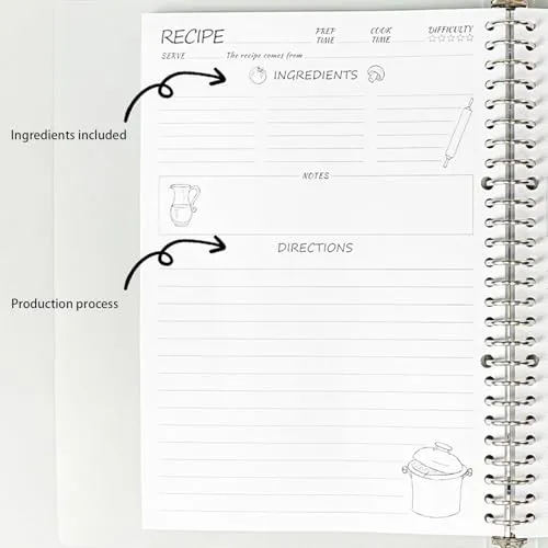 Blanko Notizbuch, Rezeptbuch, leere Seiten zum Beschriften Hardcover Tagebuch, A4 Format, persönliches Kochbuch für Köche, 160 exklusive hausgemachte Rezepte